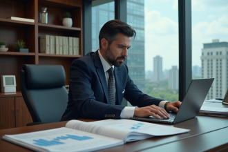 Économiste homme en bureau avec graphiques de taux d'intérêt