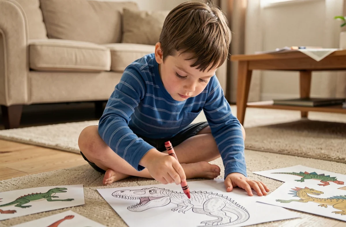 Enfant coloriant un dessin de dinosaure imprimé assis sur le sol du salon
