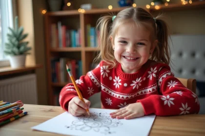 Jeune fille souriante coloriant un dessin de No&euml;l &agrave; la maison
