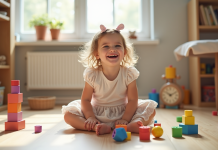 Fille de 3 ans souriante jouant avec blocs colorés