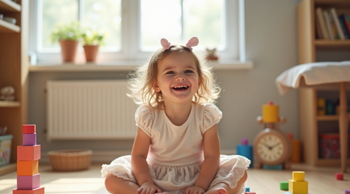 Fille de 3 ans souriante jouant avec blocs colorés
