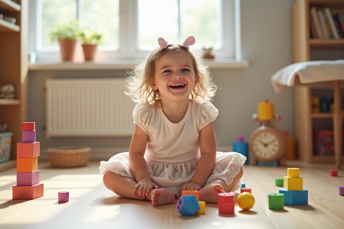 Fille de 3 ans souriante jouant avec blocs colorés