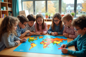 Enfants d école diverse collaborant autour d une carte du monde