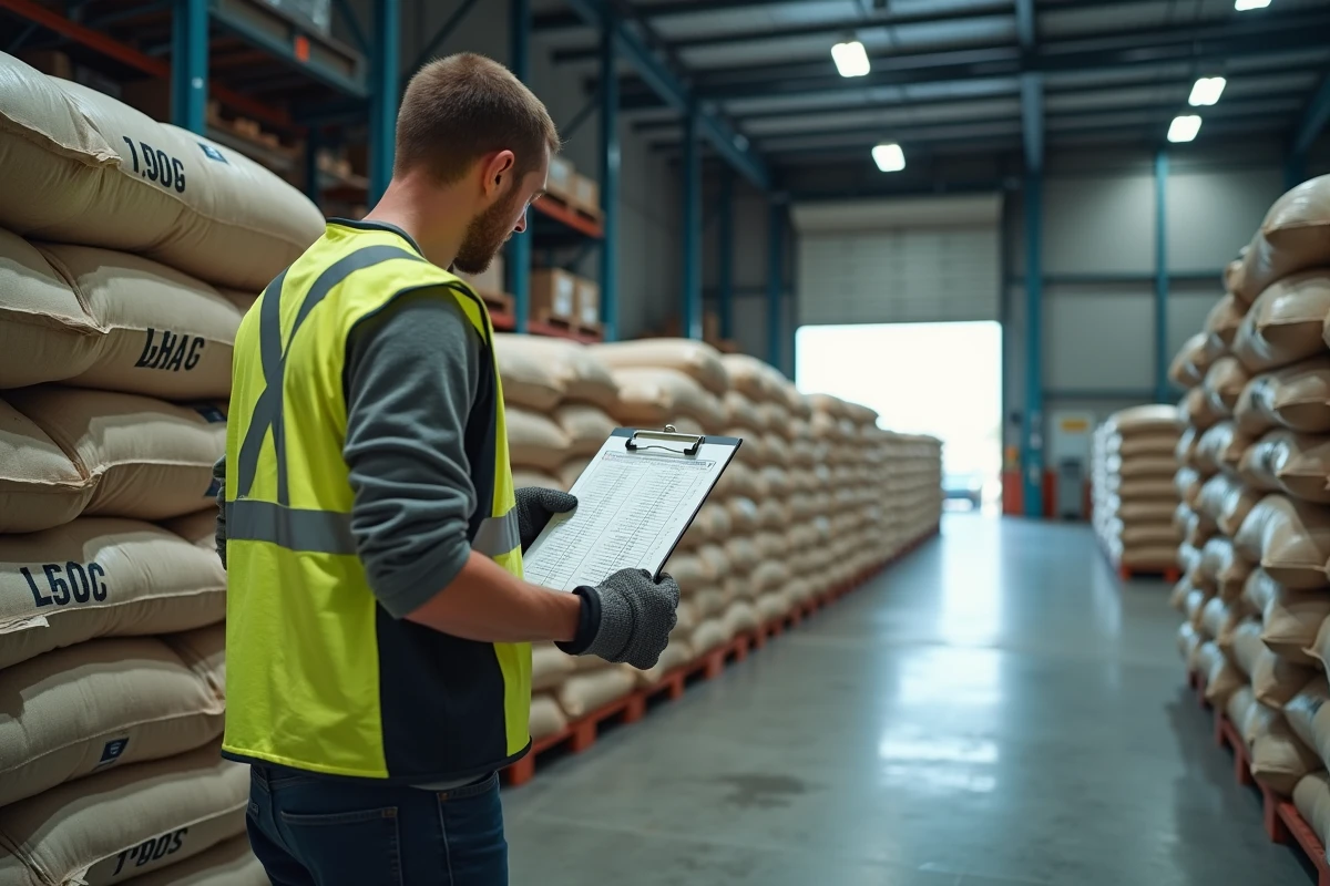 Ouvrier d'entrepôt consultant un tableau de conversion kilogrammes et tonnes près de sacs industriels empilés