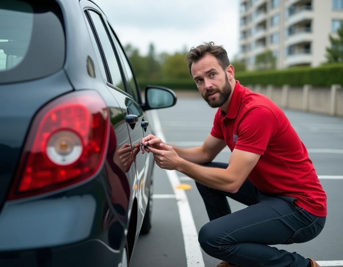 Technicien d'Entreprise Tapia ouvrant une portière de voiture dans un parking urbain de Seine-Saint-Denis