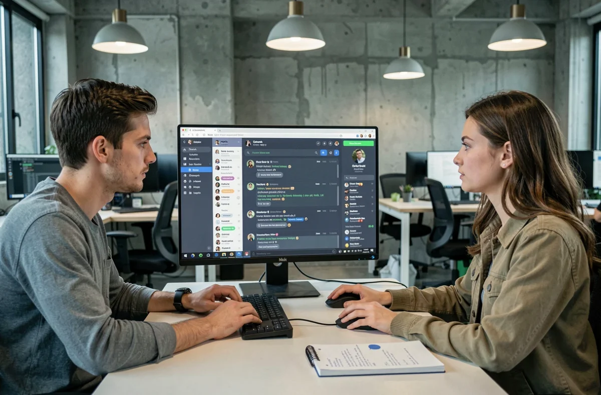 Deux jeunes adultes consultant les commandes d'un serveur Discord dans un espace de coworking