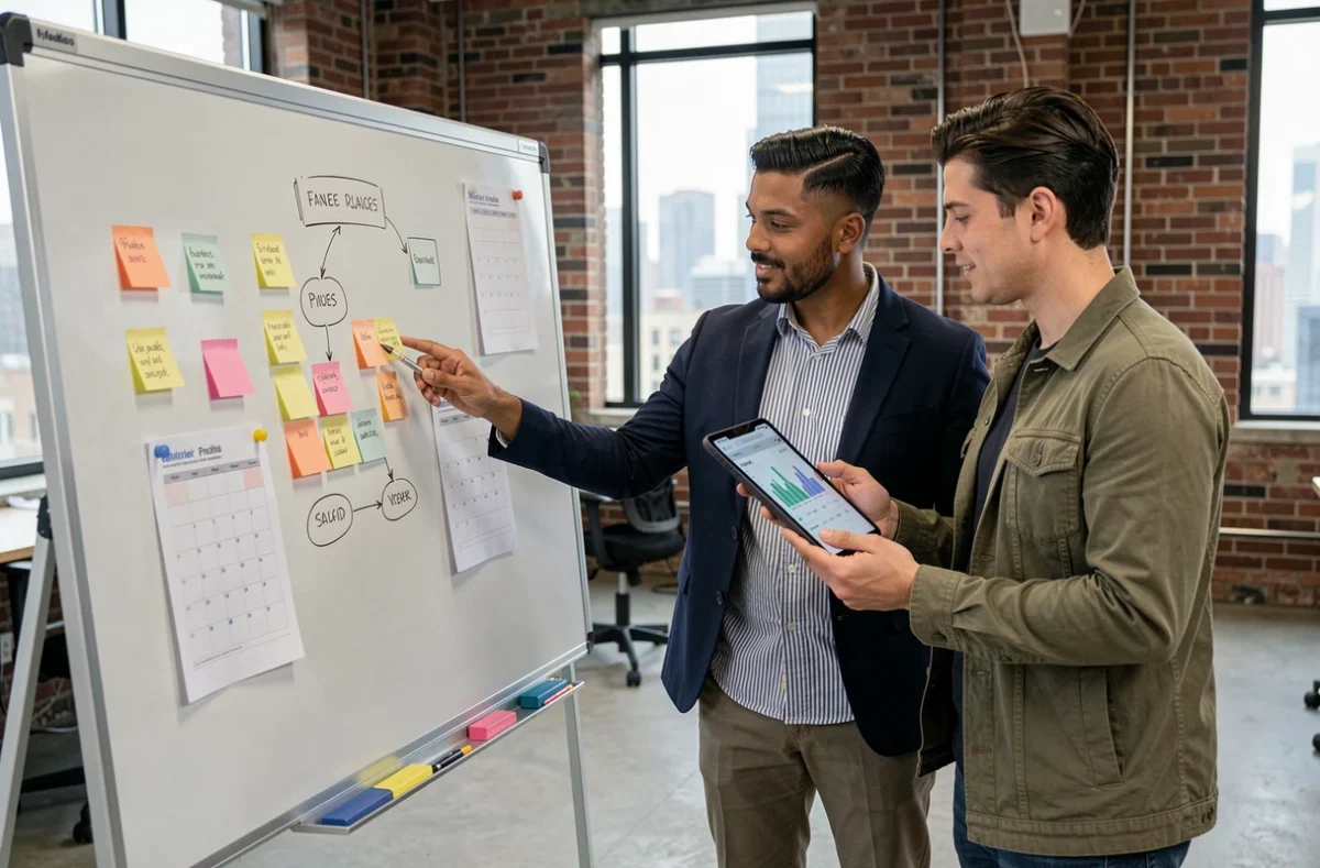 Équipe de professionnels du marketing collaborant sur une stratégie de contenu basée sur les journées mondiales dans un bureau créatif