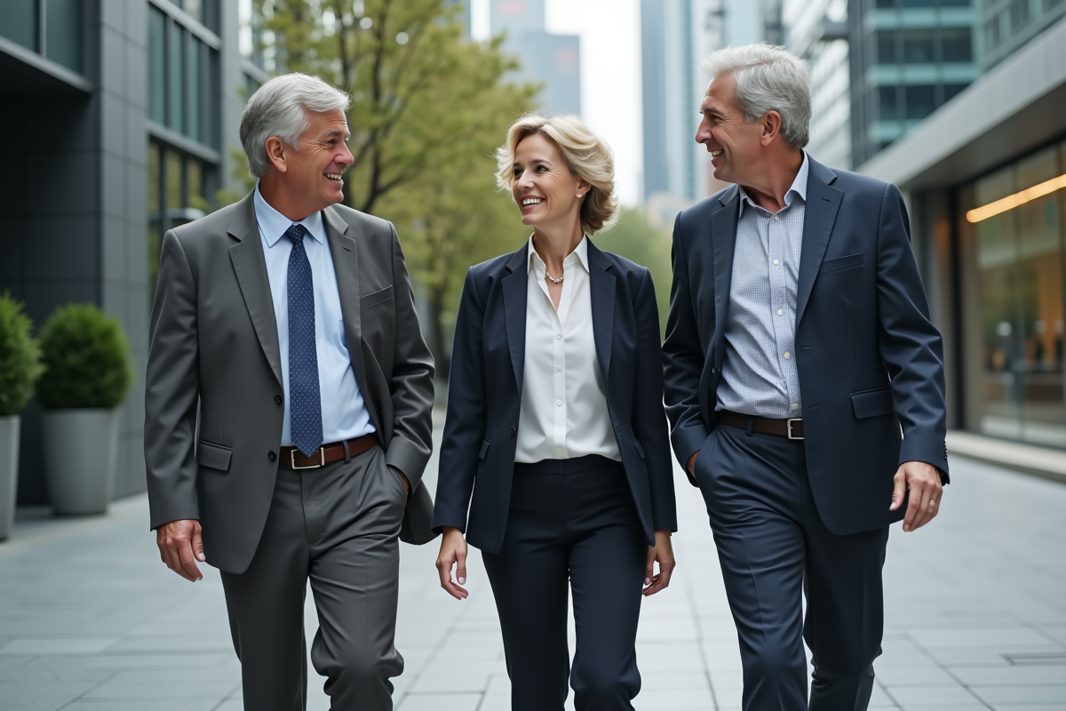 Trois collègues discutant dans une place urbaine