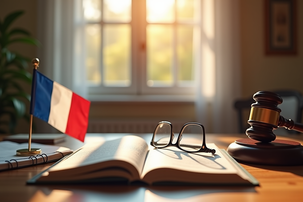 Espace de travail juridique avec livre et drapeau français