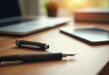 Espace de travail moderne avec ordinateur et stylo sur bureau lumineux