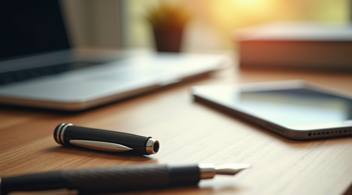 Espace de travail moderne avec ordinateur et stylo sur bureau lumineux