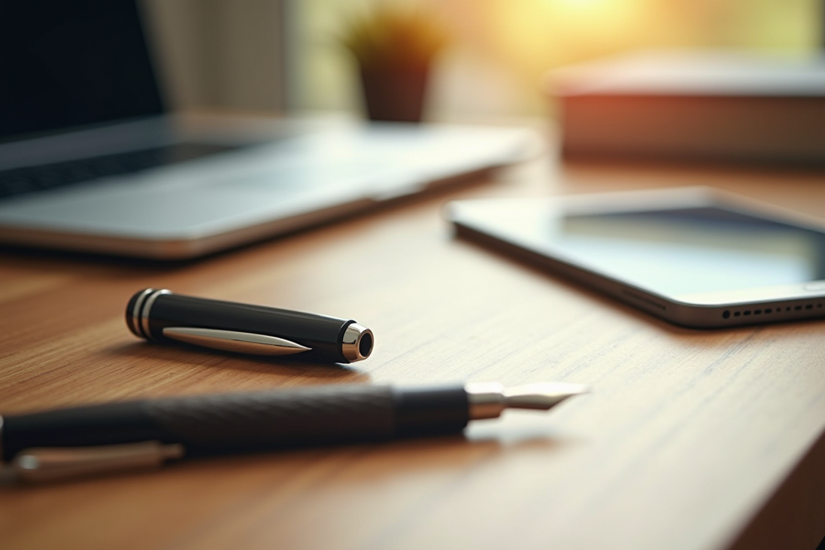 Espace de travail moderne avec ordinateur et stylo sur bureau lumineux