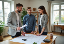 Agent immobilier et couple discutant de coûts dans un salon lumineux