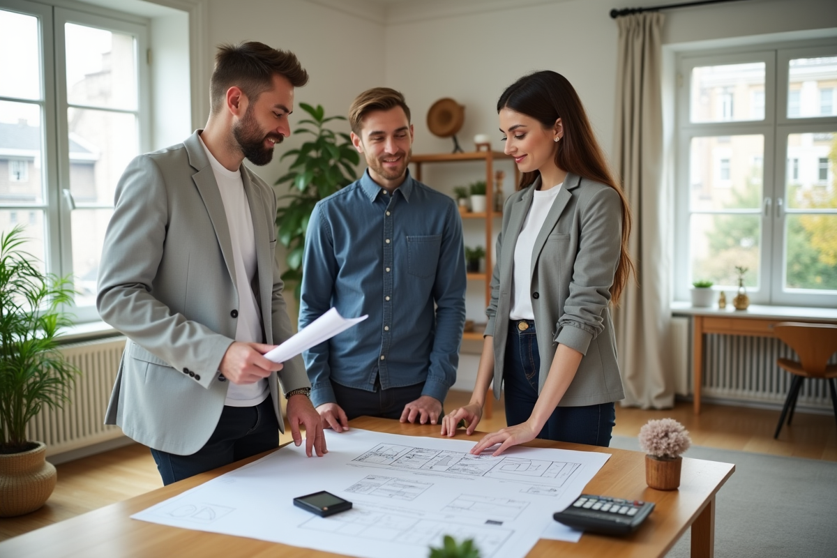 Agent immobilier et couple discutant de coûts dans un salon lumineux
