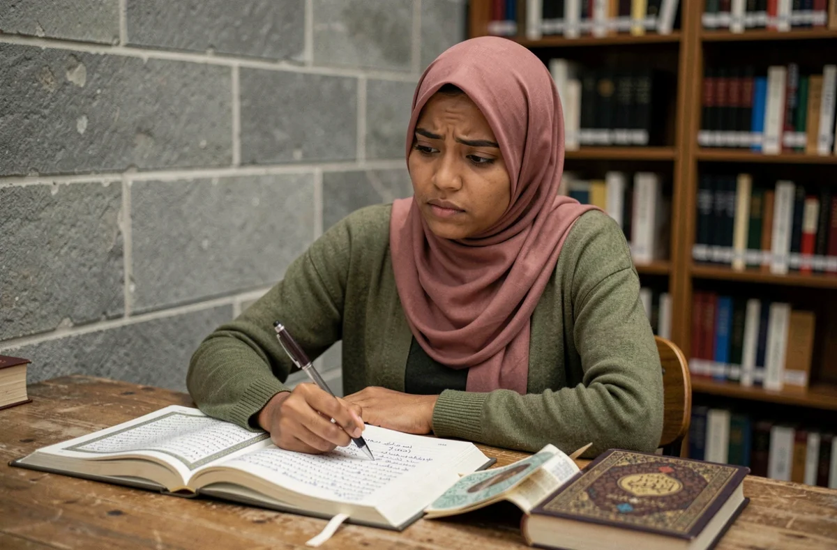 Jeune femme étudiant la traduction française de Sourate Al Mulk avec des annotations dans une bibliothèque
