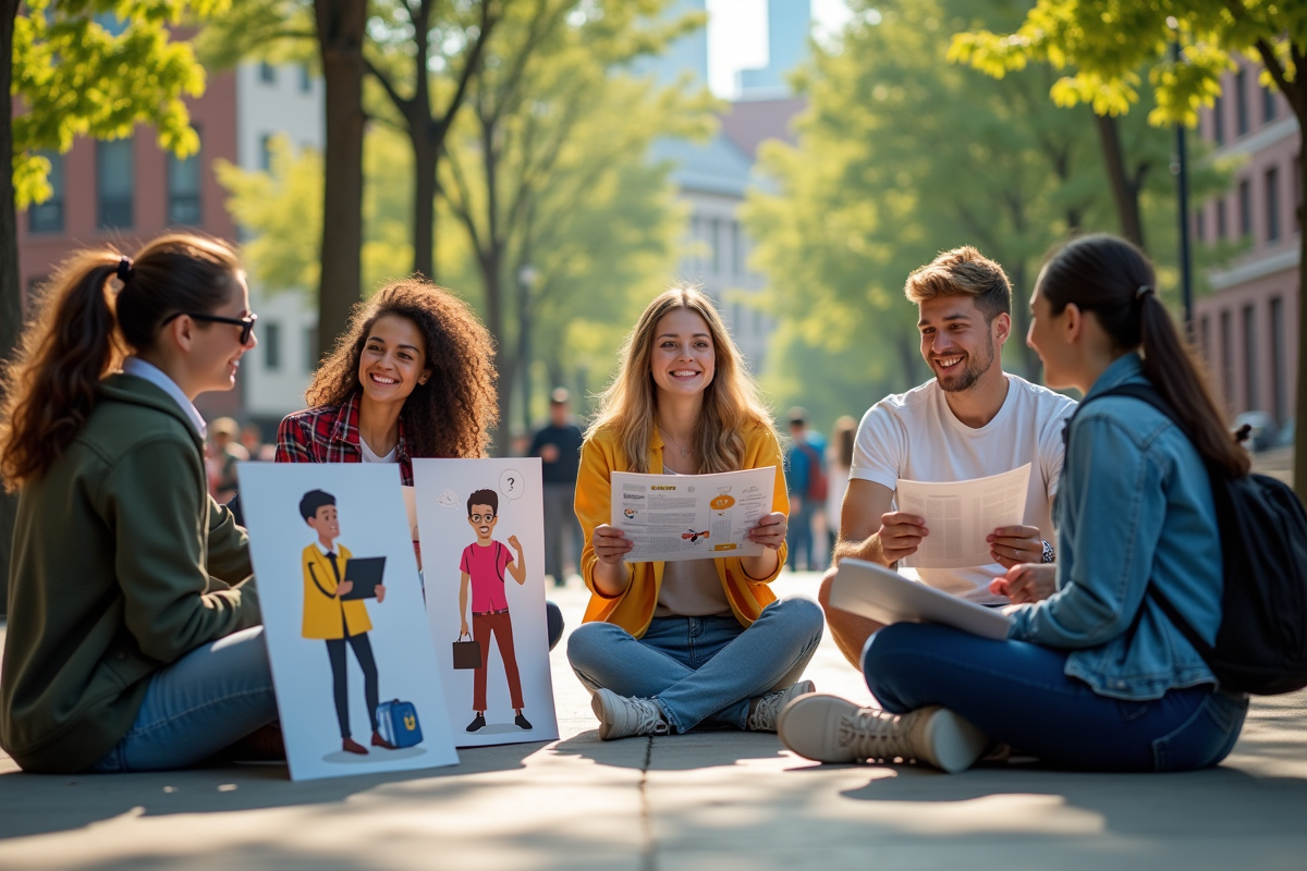 Étudiants et adultes assis dehors avec affiches de métiers L en milieu urbain