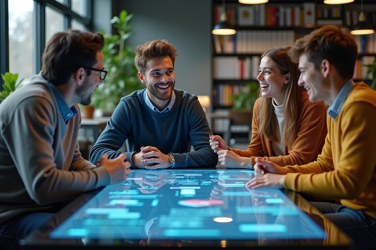 Groupe d etudiants discutant autour d une table tactile moderne