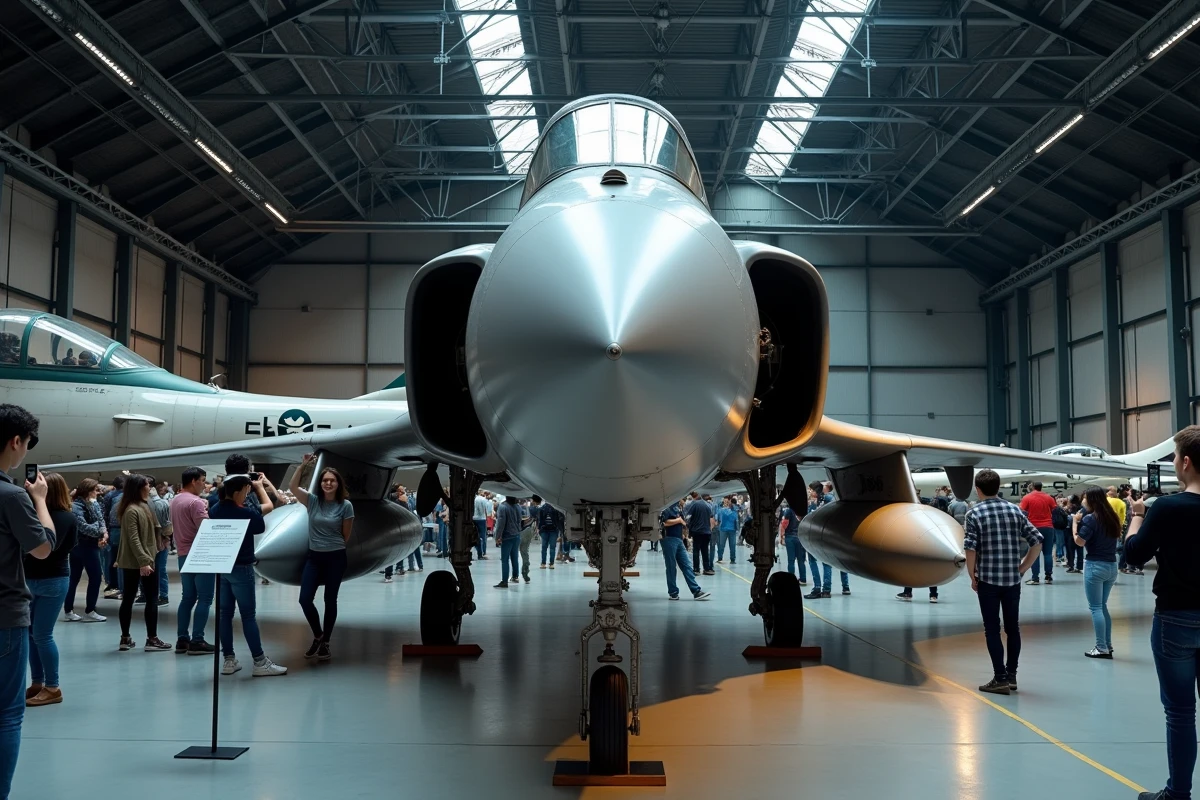 F-4 Phantom II en exposition statique dans un musée aéronautique avec des visiteurs tout autour