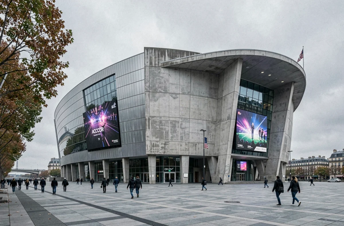 Façade extérieure de l'Accor Arena Paris vue depuis l'esplanade au bord de la Seine avec passants et affichage événementiel