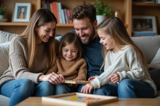 Famille melangee a la maison souriante et chaleureuse