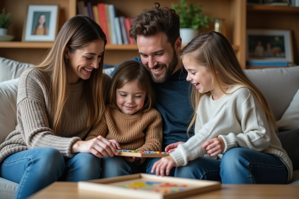 Famille melangee a la maison souriante et chaleureuse