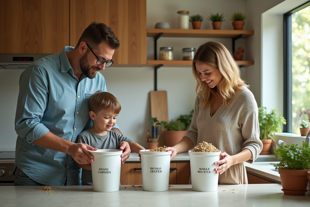 Famille trie des recyclables dans une cuisine lumineuse