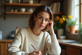 Femme adulte révisant des règles de grammaire française dans un carnet manuscrit à la table de sa cuisine