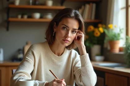 Femme adulte révisant des règles de grammaire française dans un carnet manuscrit à la table de sa cuisine