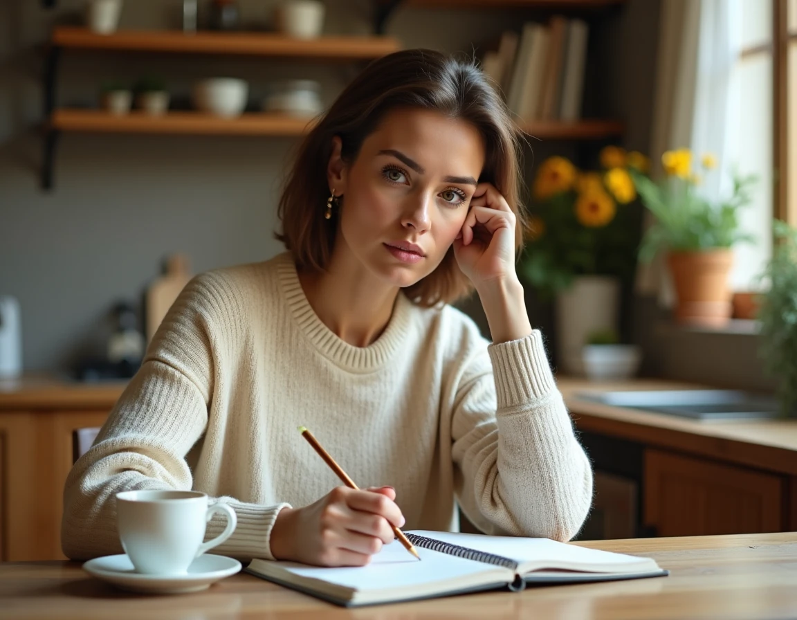 Femme adulte révisant des règles de grammaire française dans un carnet manuscrit à la table de sa cuisine