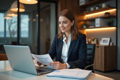 Femme d'affaires en bureau moderne avec factures et ordinateur