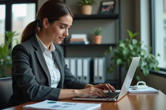 Jeune femme d'affaires analysant des graphiques sur son ordinateur