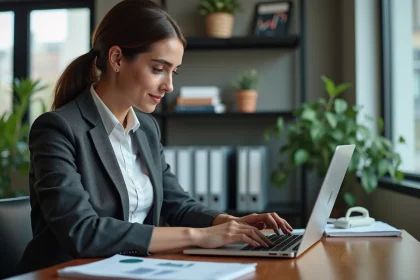 Jeune femme d'affaires analysant des graphiques sur son ordinateur