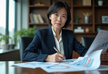 Femme d'affaires en réunion avec graphiques financiers