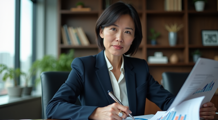 Femme d'affaires en réunion avec graphiques financiers