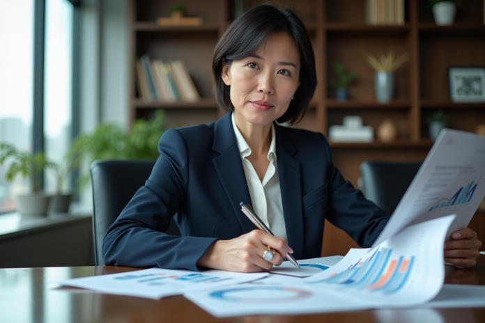 femme-affaires-rapport-financier Femme d'affaires en réunion avec graphiques financiers