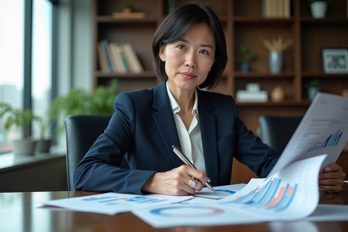 Femme d'affaires en réunion avec graphiques financiers