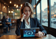 Éthique : Réflexions sur l’intelligence artificielle et société en 2025 Femme d affaires réfléchissant devant une tablette avec graphiques AI