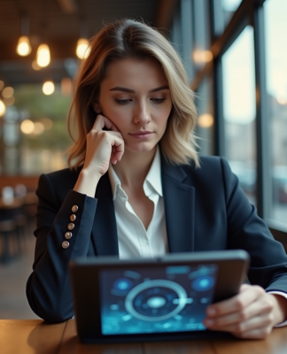 Femme d affaires réfléchissant devant une tablette avec graphiques AI