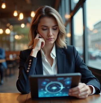 Éthique : Réflexions sur l’intelligence artificielle et société en 2025 Femme d affaires réfléchissant devant une tablette avec graphiques AI