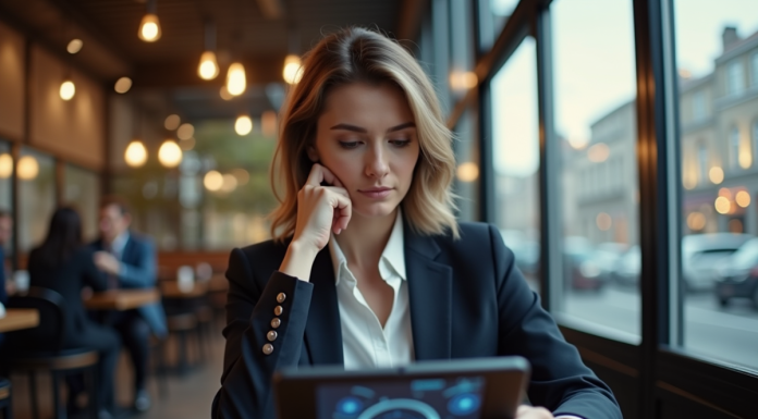 Femme d affaires réfléchissant devant une tablette avec graphiques AI