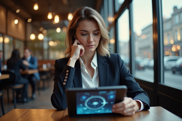 femme-ai-cafe Femme d affaires réfléchissant devant une tablette avec graphiques AI