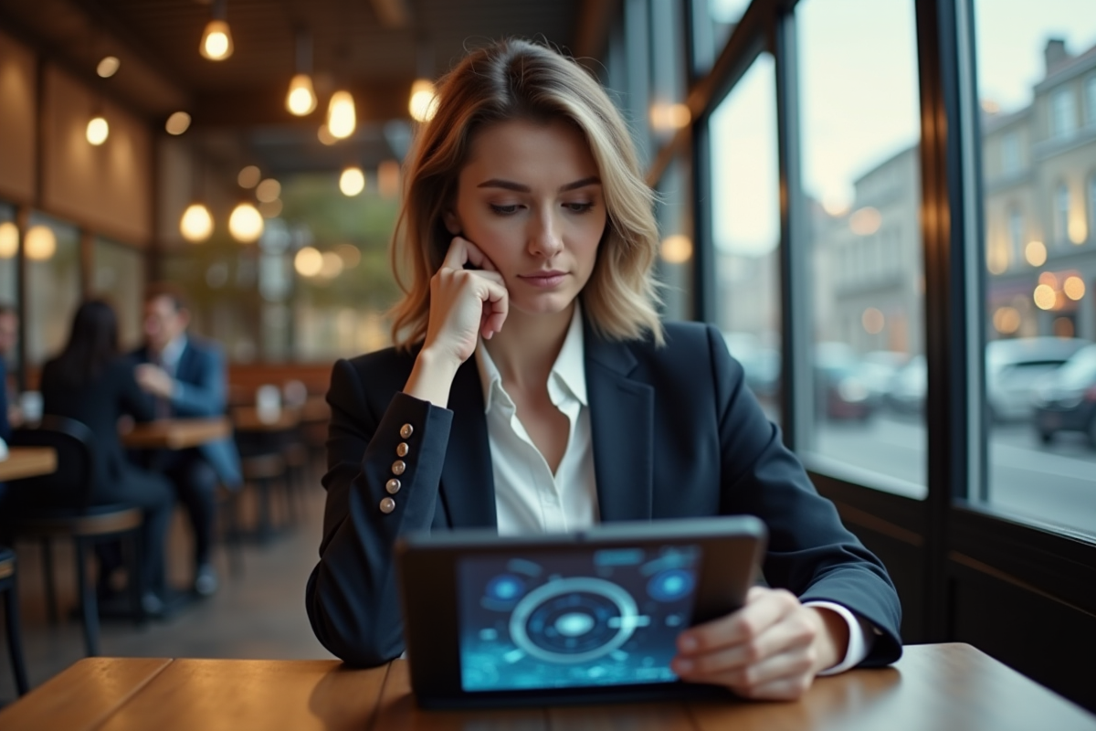 Femme d affaires réfléchissant devant une tablette avec graphiques AI