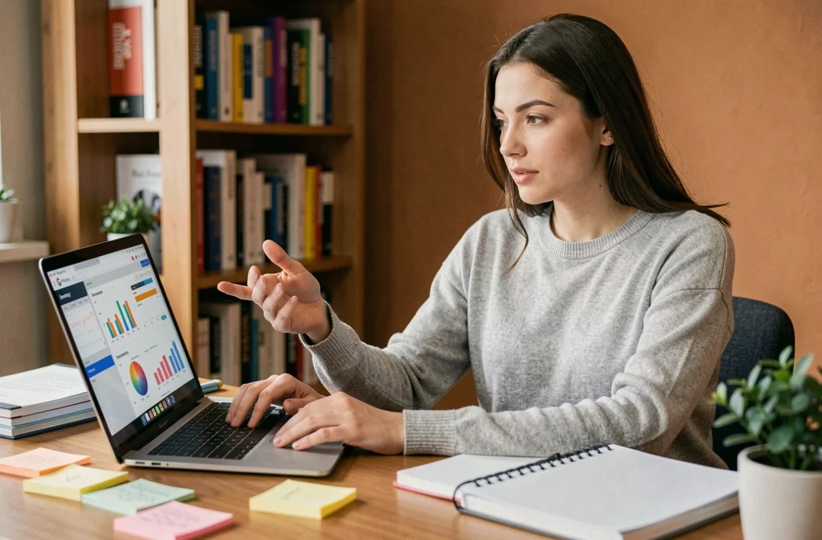 Jeune femme en home office analysant des données de journées mondiales sur son ordinateur pour créer des posts viraux