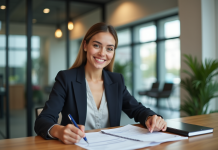 Femme professionnelle dans une banque en train de vérifier ses documents