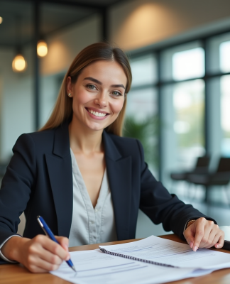 Femme professionnelle dans une banque en train de vérifier ses documents