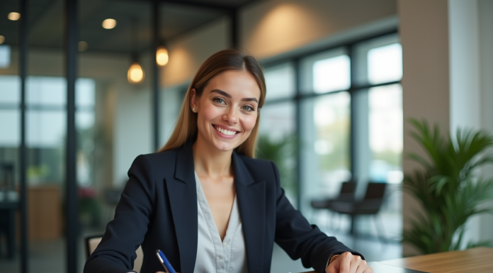 Femme professionnelle dans une banque en train de vérifier ses documents