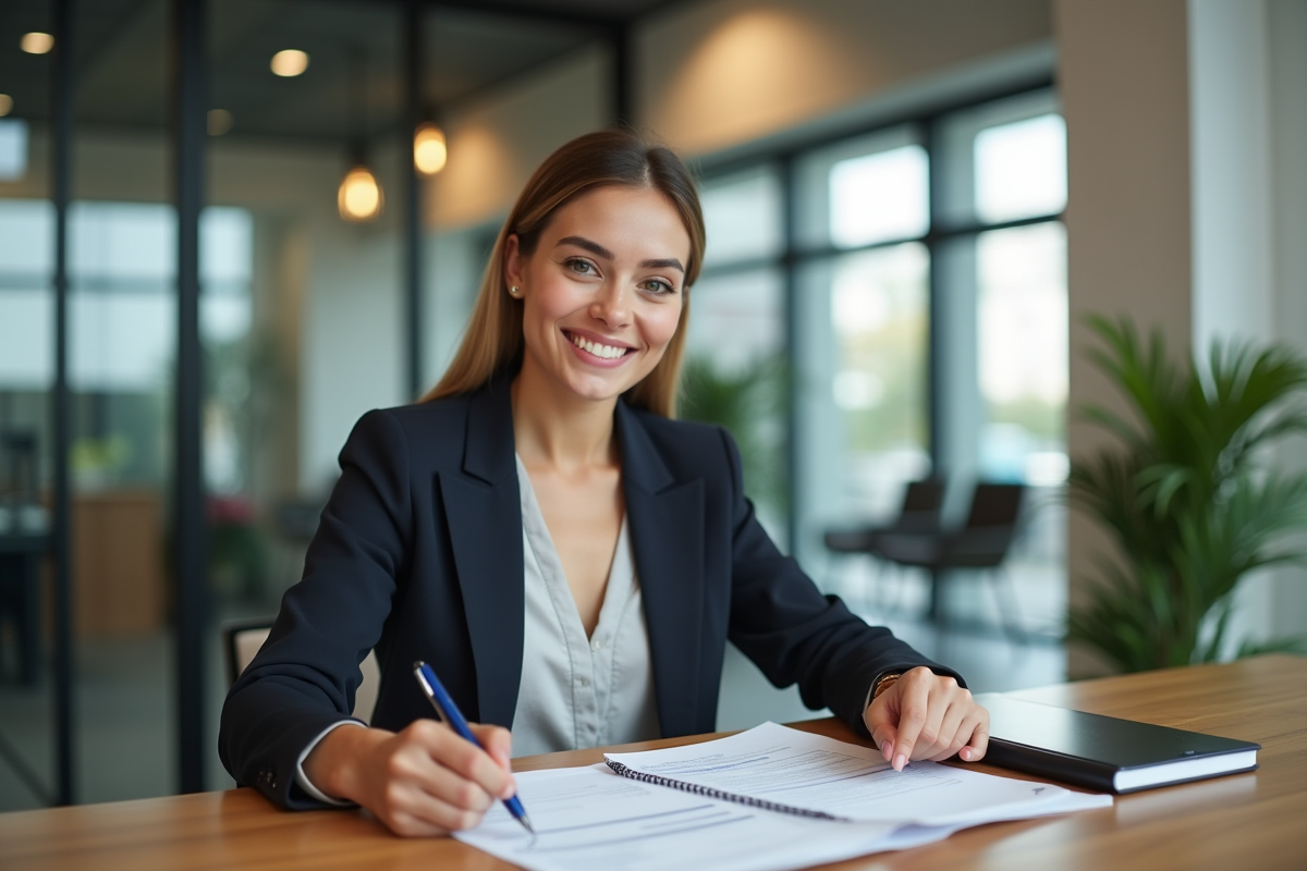 Femme professionnelle dans une banque en train de vérifier ses documents