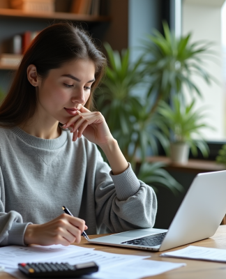 Jeune femme organisant ses finances dans un appartement cosy
