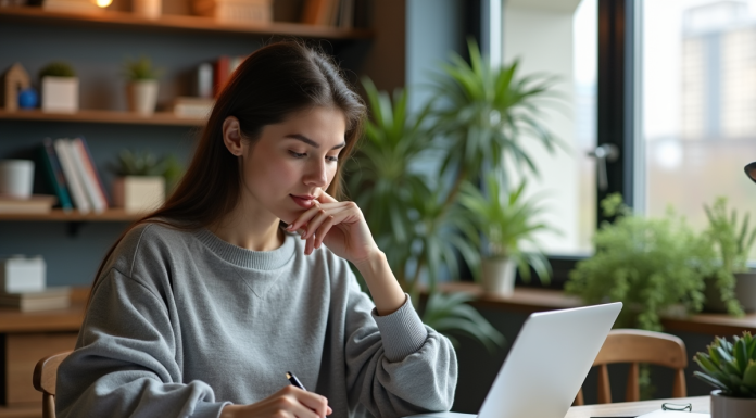 Jeune femme organisant ses finances dans un appartement cosy