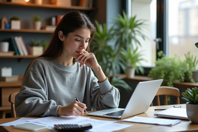 Jeune femme organisant ses finances dans un appartement cosy